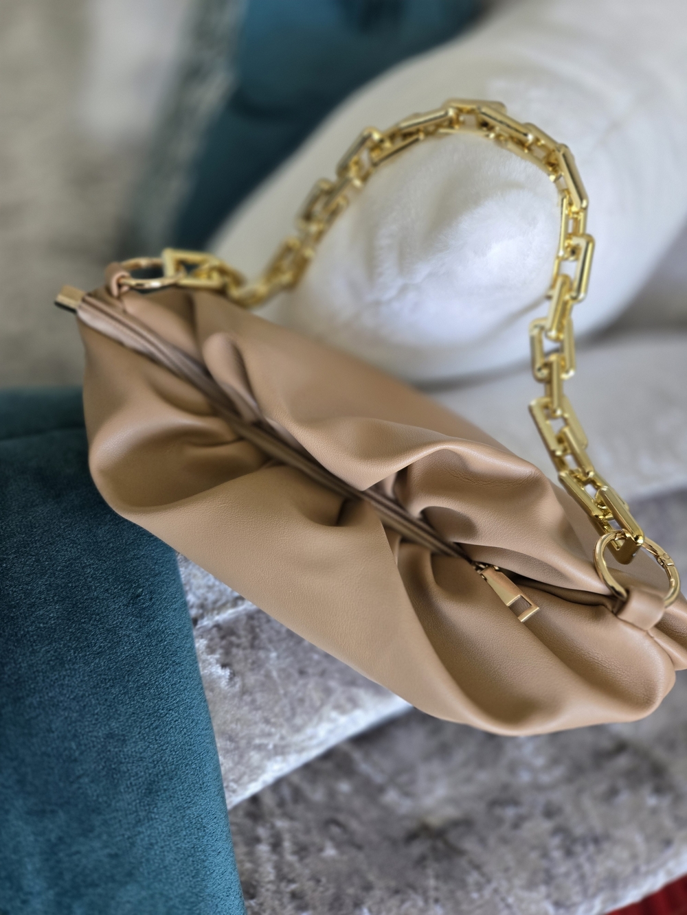 Beige Soft Ruched Shoulder Bag with Gold Chain - Picture 2 of 6
